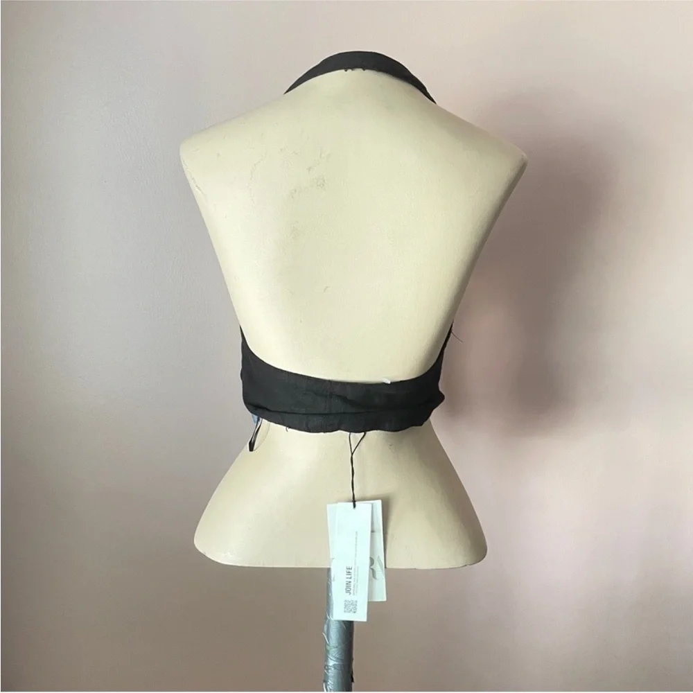 NWT Zara Black Halter Tie-Front Vacation Clean Girl Linen Top - Picture 7 of 7